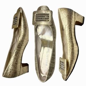 Herbert Levine Vintage Gold Lame Metalic Sequin Buckle 60s Low High Heels Shoes